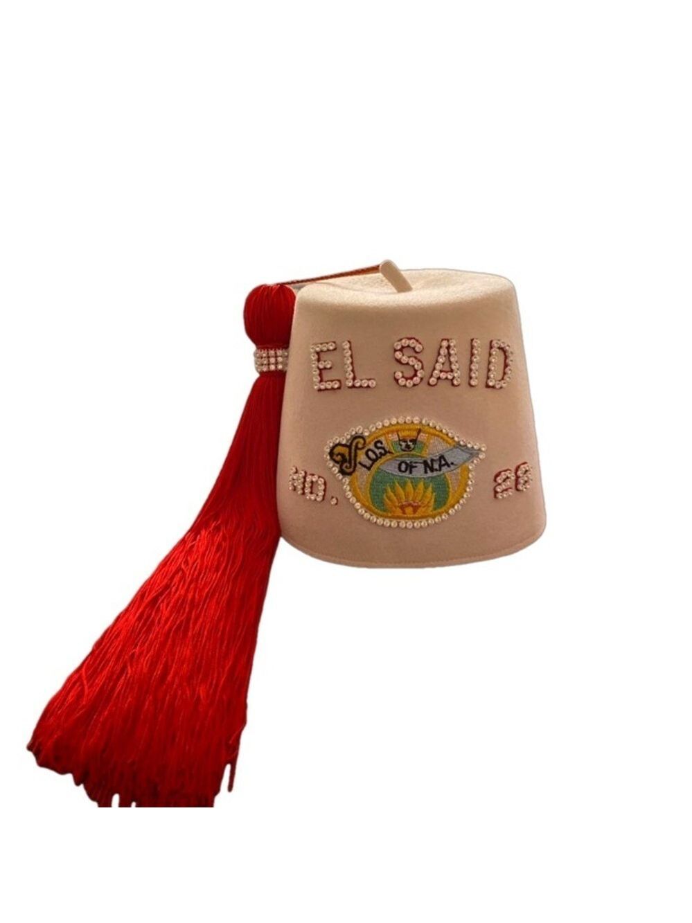 Vintage Shriners Hat White Red Tassel Rhinestones OS